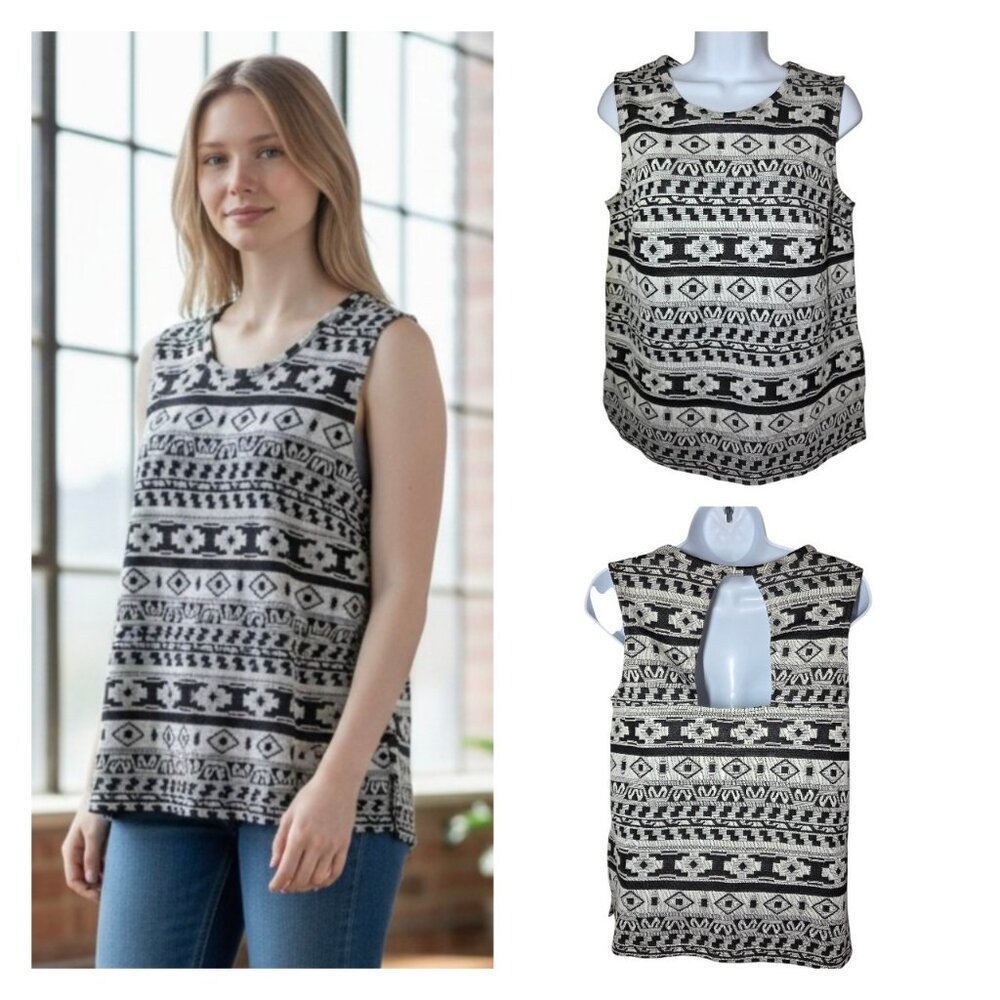 Old Navy Woven Black White Sleeveless Southwestern Top W Back Cutout Boxy S